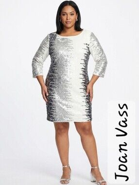 JOAN VASS  Size XL Ivory White Sequins Cotton Tunic Glam Dress 3/4 Sleeve NWT